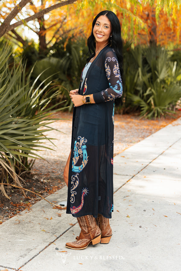 Black Horseshoe And Rose Printed Mesh Button Down Maxi Duster Dress