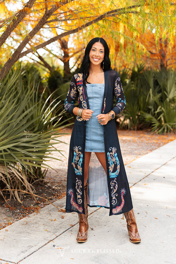 Black Horseshoe And Rose Printed Mesh Button Down Maxi Duster Dress
