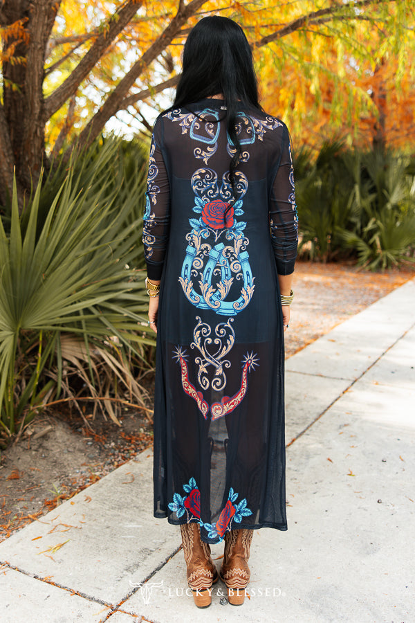 Black Horseshoe And Rose Printed Mesh Button Down Maxi Duster Dress