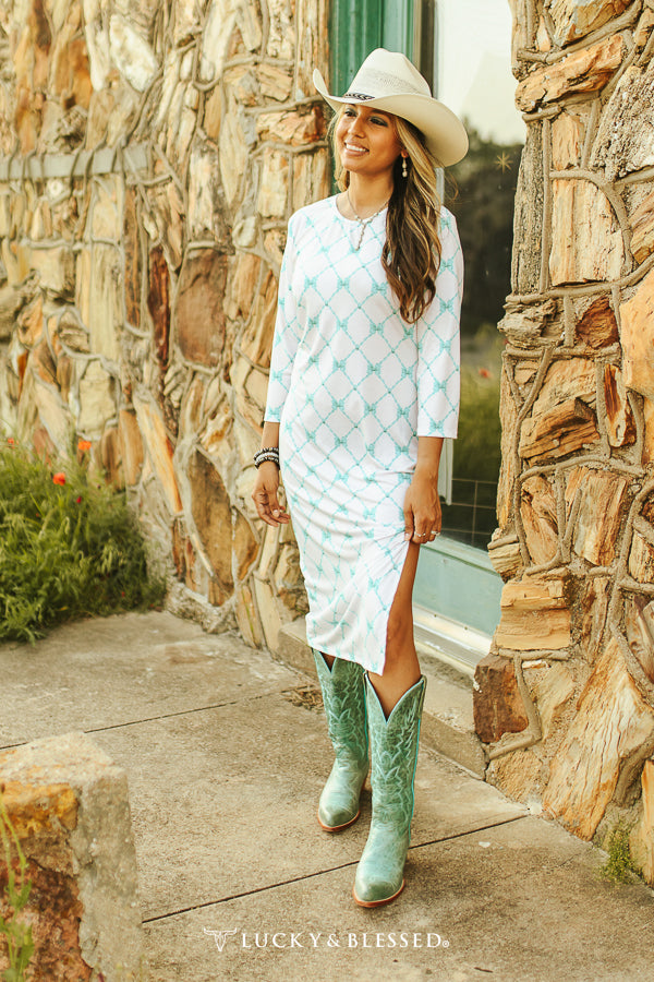 White and Turquoise Ribbon Printed 3/4 Sleeve Maxi Dress W Slit Hem