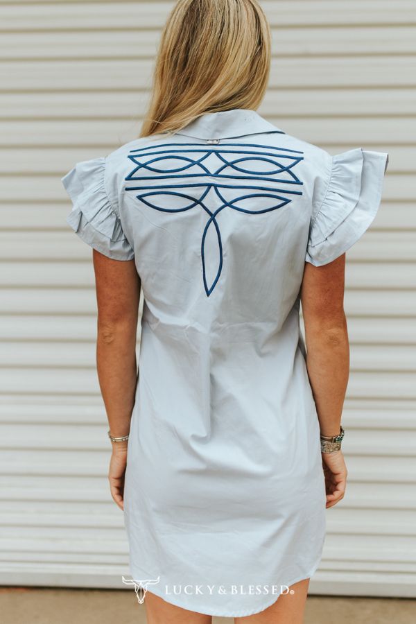 Light Blue Ruffle Sleeve Button Down Boot Stitch Embroidered Collared Dress