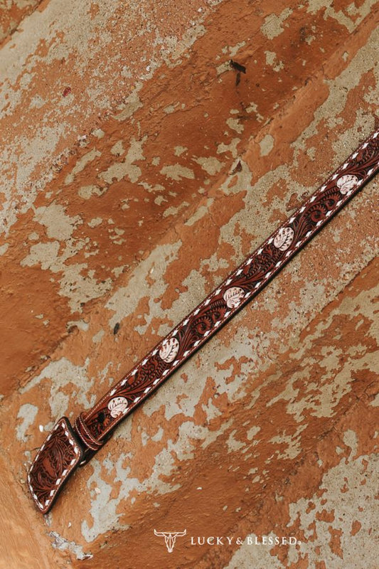 Brown Tooled Western Leather Belt W Floral Detail