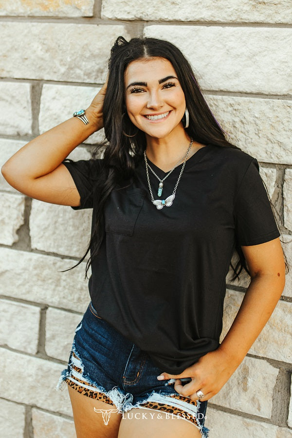 Black Short Sleeve Curved Hem Relaxed Fit Pocket Tee Top