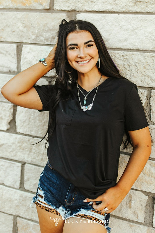 Black Short Sleeve Curved Hem Relaxed Fit Pocket Tee Top