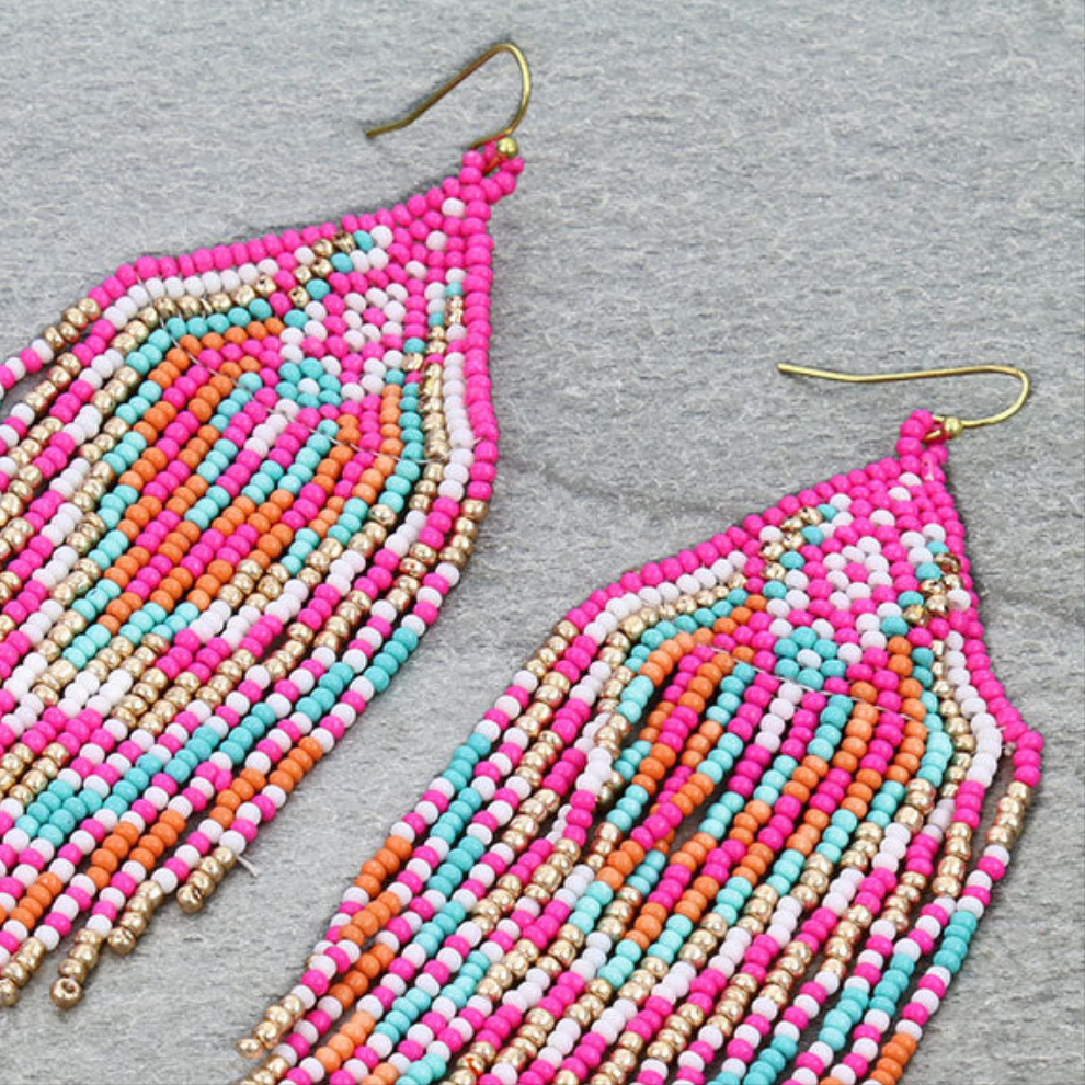 Pink Boho beaded fringe tassel earrings