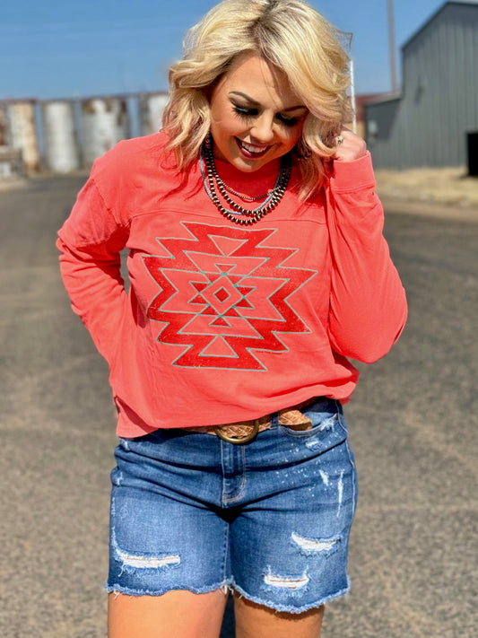 Aztec Puff on Coral Long Sleeve Top with thumb holes