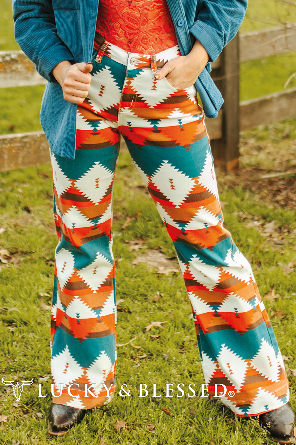 Teal Red Aztec Printed Wide Leg Jeans (Tummy Control)
