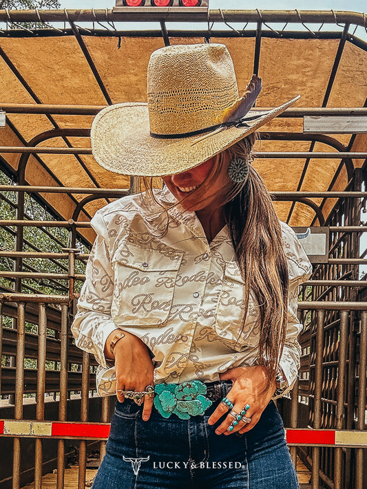 Cream Rodeo Rope Detail Pearl Snap Button Down Long Sleeve