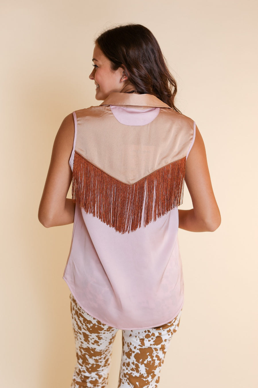 Sleeveless Pink Satin Fringe Top