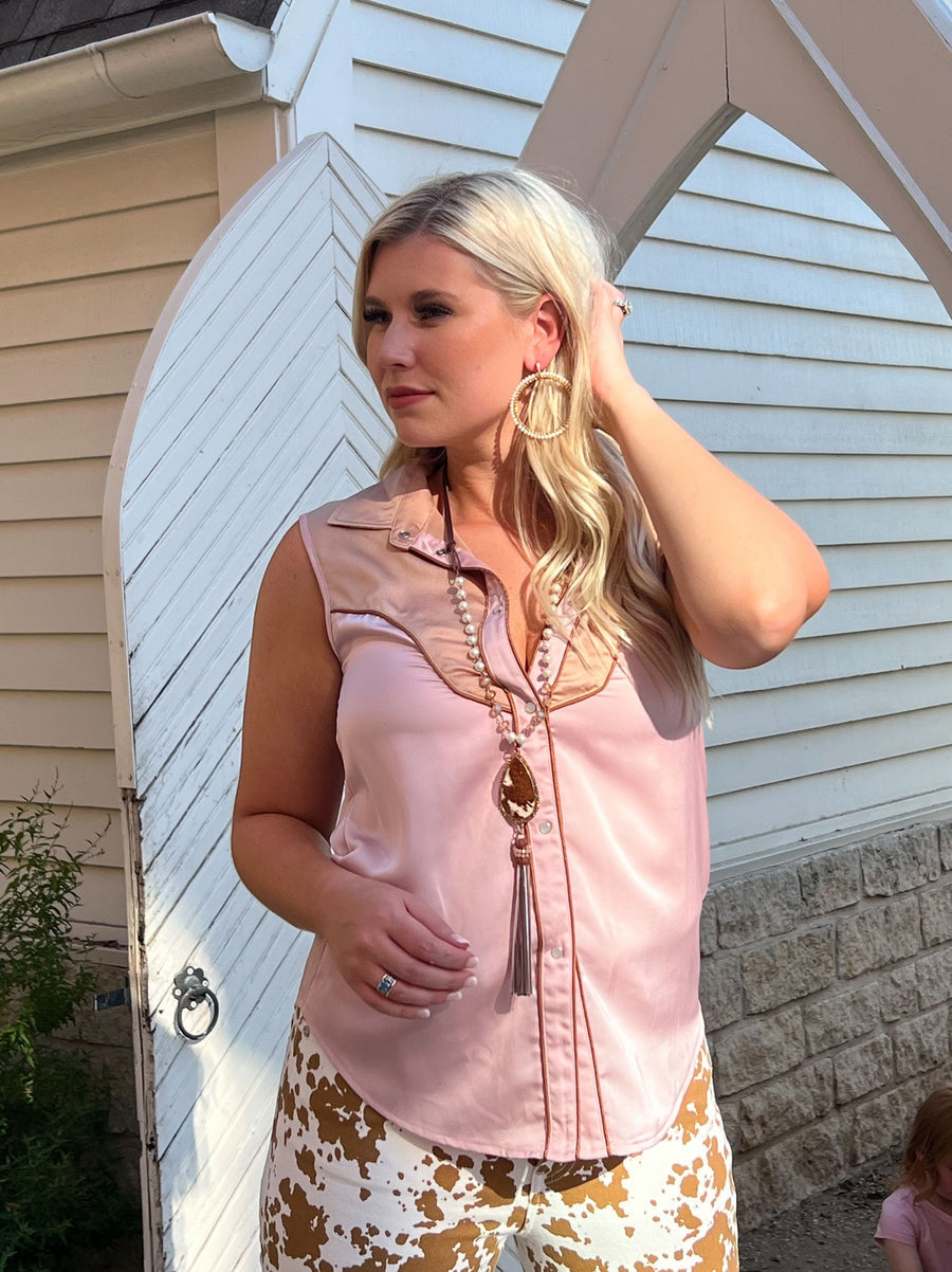 Sleeveless Pink Satin Fringe Top