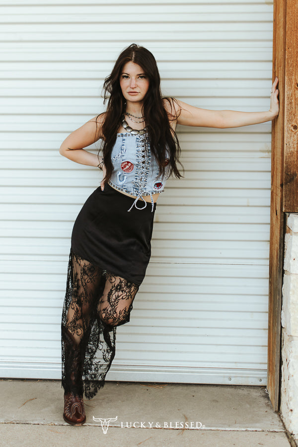 Black Boho Western Lace Maxi Skirt