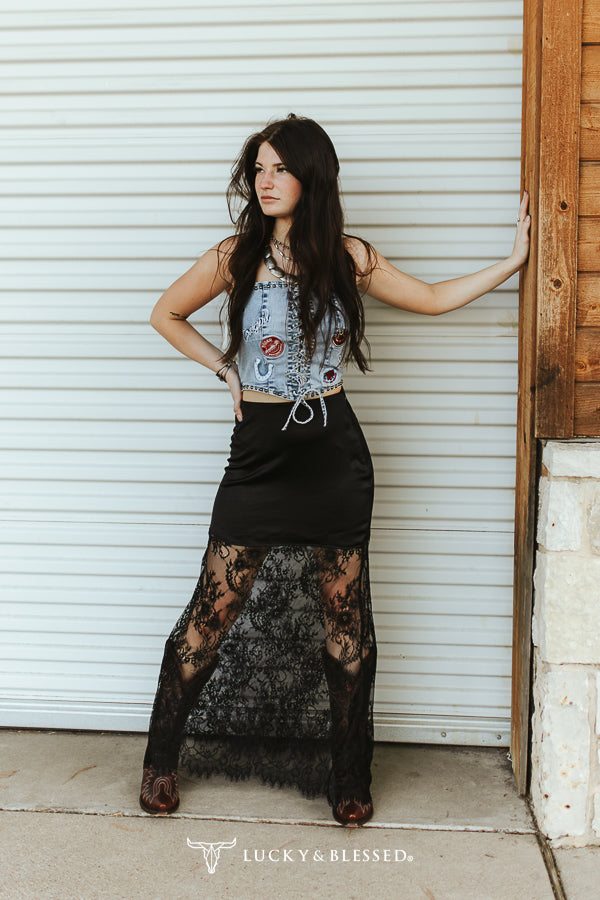 Black Boho Western Lace Maxi Skirt