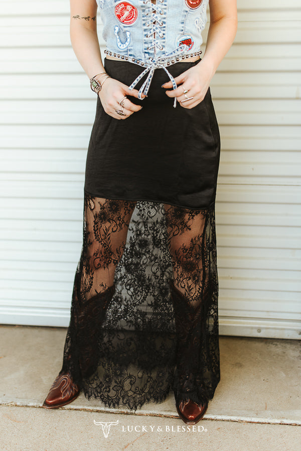 Black Boho Western Lace Maxi Skirt