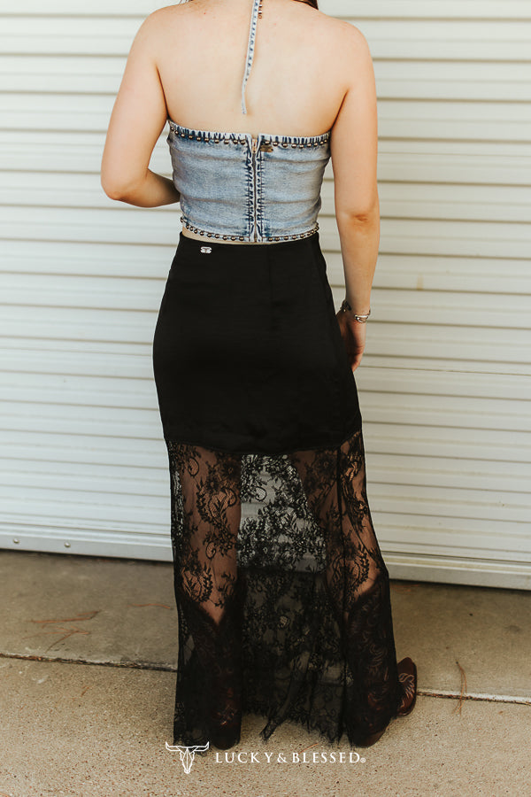 Black Boho Western Lace Maxi Skirt