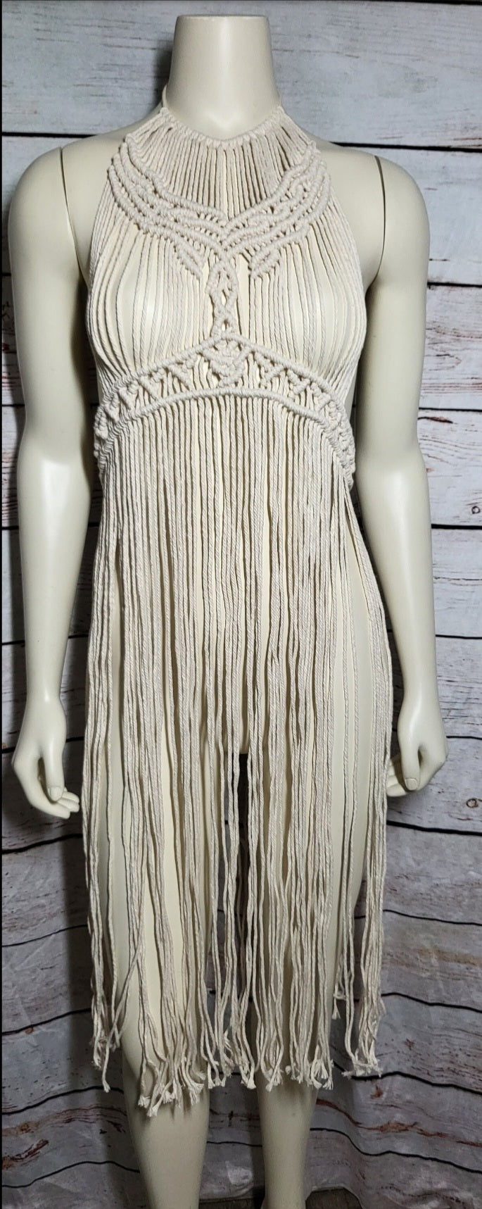 Natural white macramé beach festival dress with matching Barefoot sandals and wooden beads fully adjustable