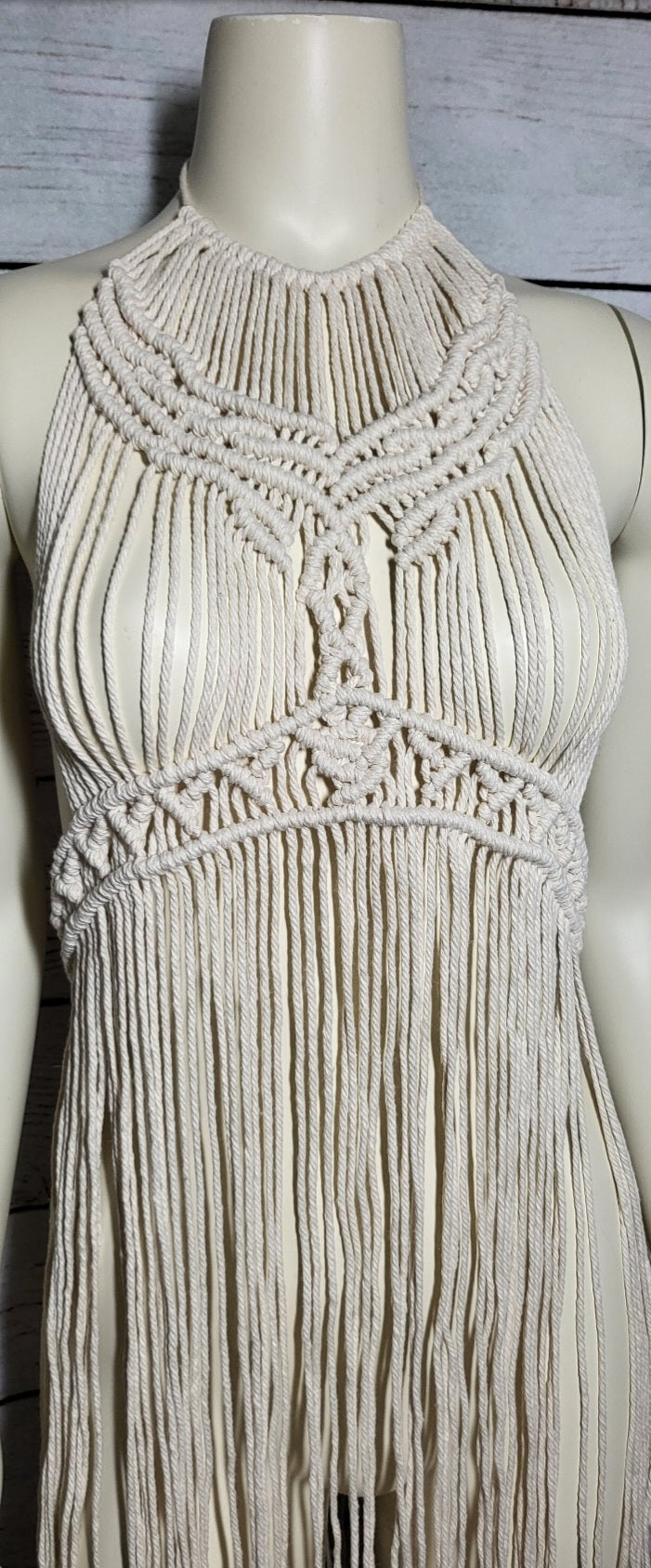 Natural white macramé beach festival dress with matching Barefoot sandals and wooden beads fully adjustable