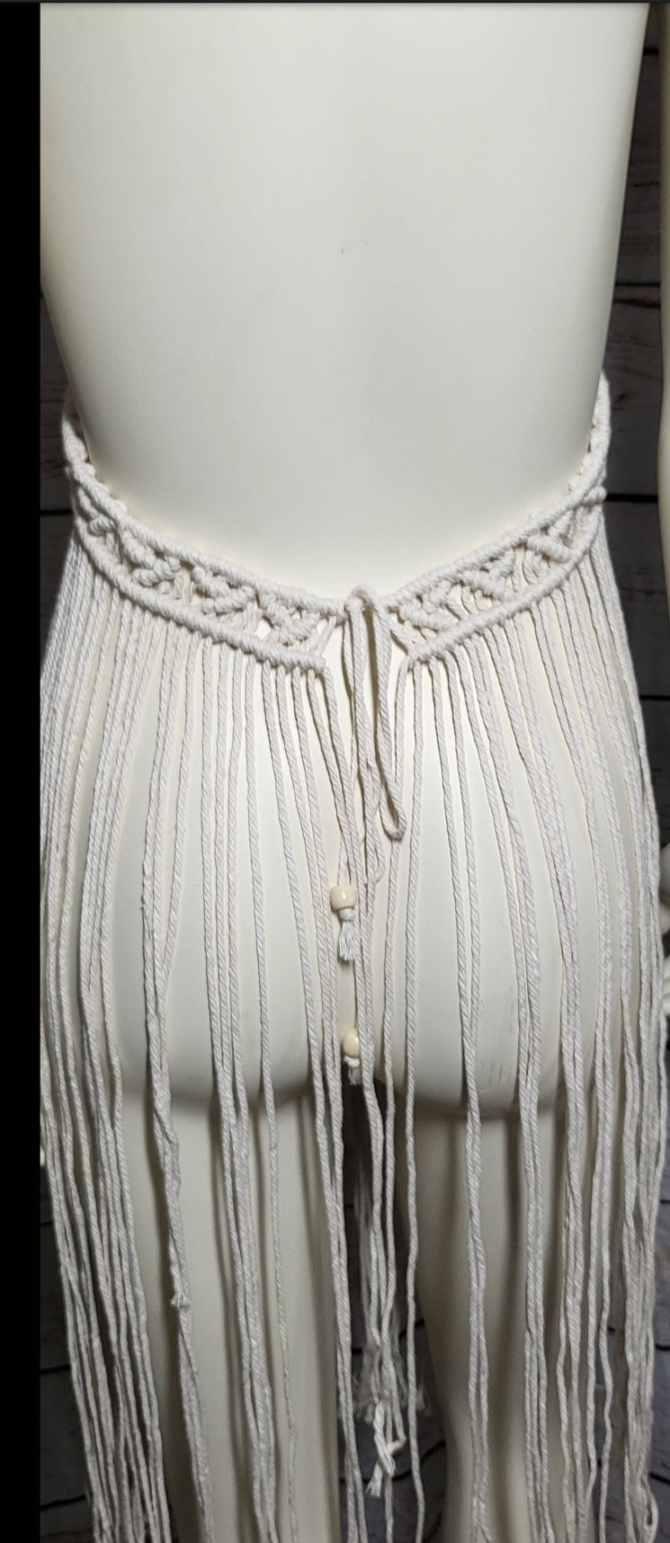Natural white macramé beach festival dress with matching Barefoot sandals and wooden beads fully adjustable