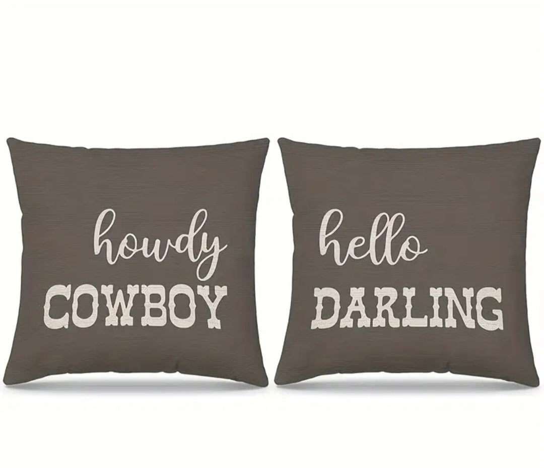 2 pillow covers Hello Darling, Howdy Cowboy 18x18" (covers only)