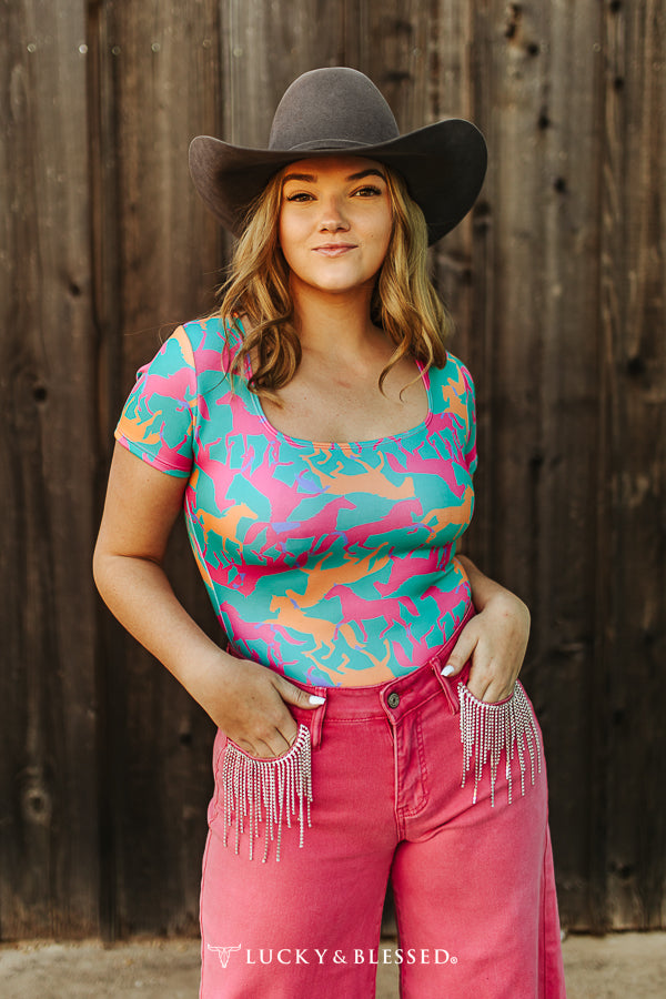 Turquoise Contrast Horse Square Neckline Printed Bodysuit