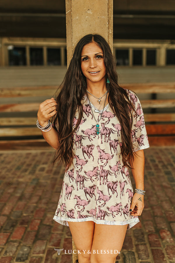 Cream and Pink Horse Printed Loose Fitted Top.