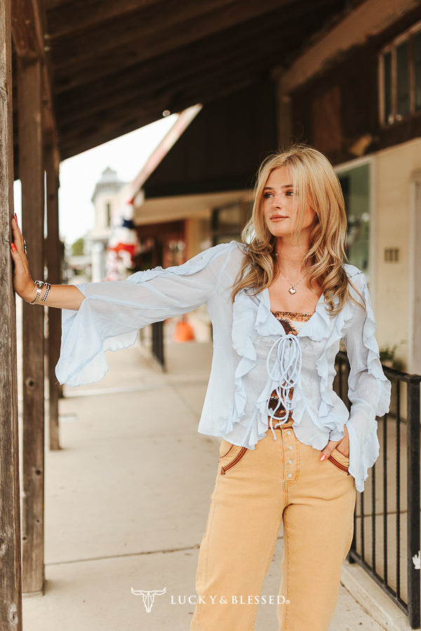 Blue Ruffle Long Sleeve Tie Front Top