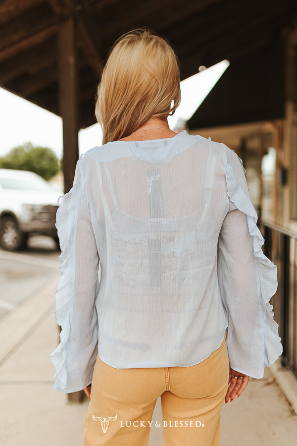 Blue Ruffle Long Sleeve Tie Front Top