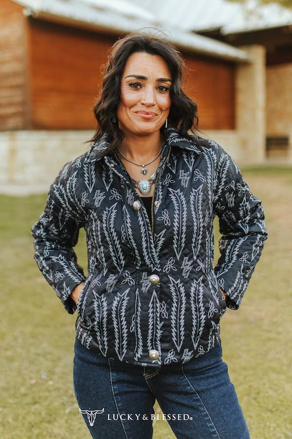 Black Bootstitch Printed Quilted Jacket W Front Pockets