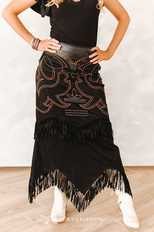 Black  Fringe Skirt With Boot Stitch And Leather Upper Yoke