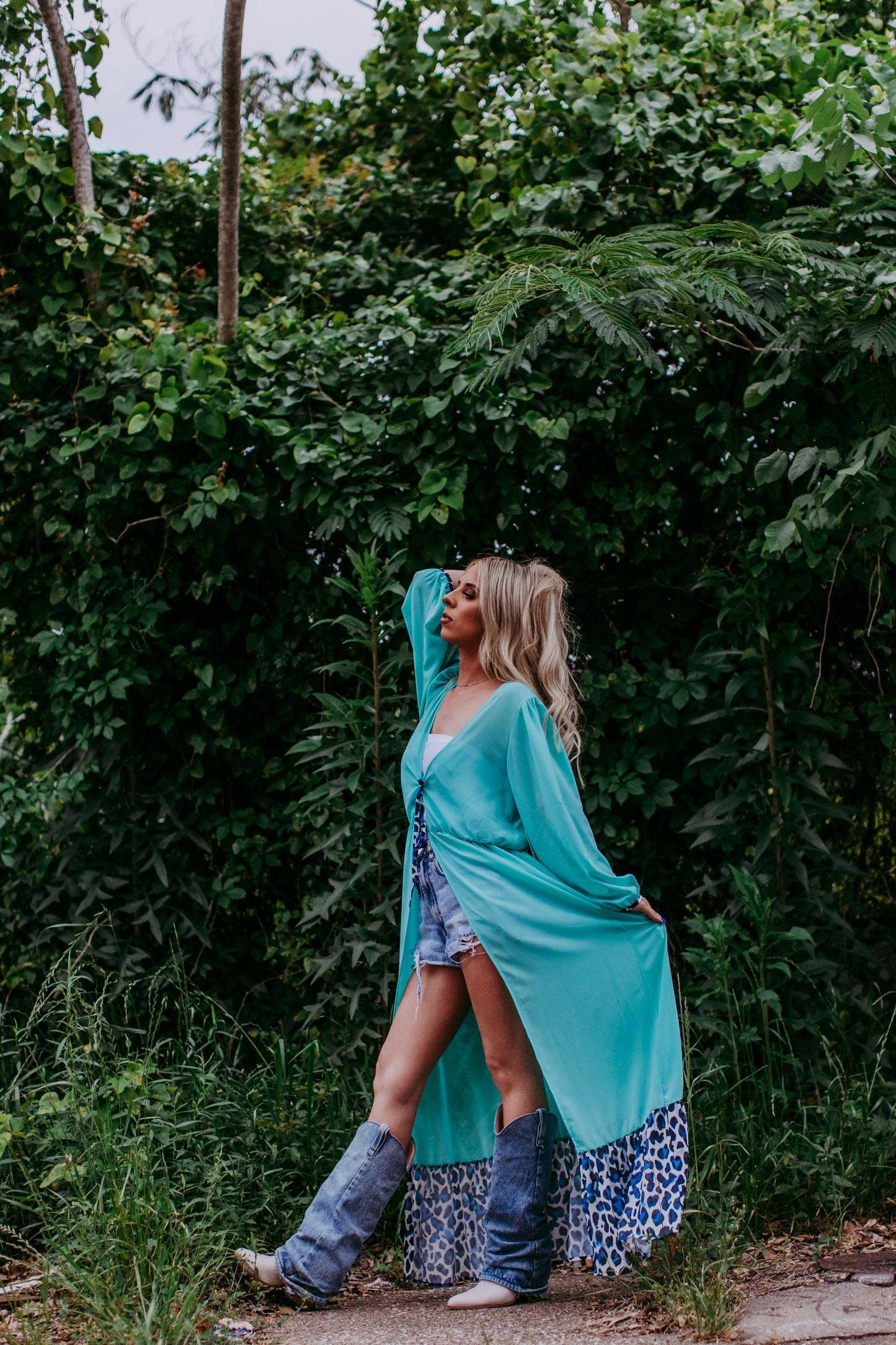 Western Turquoise Chiffon Duster with Leopard Print Ruffle Hem