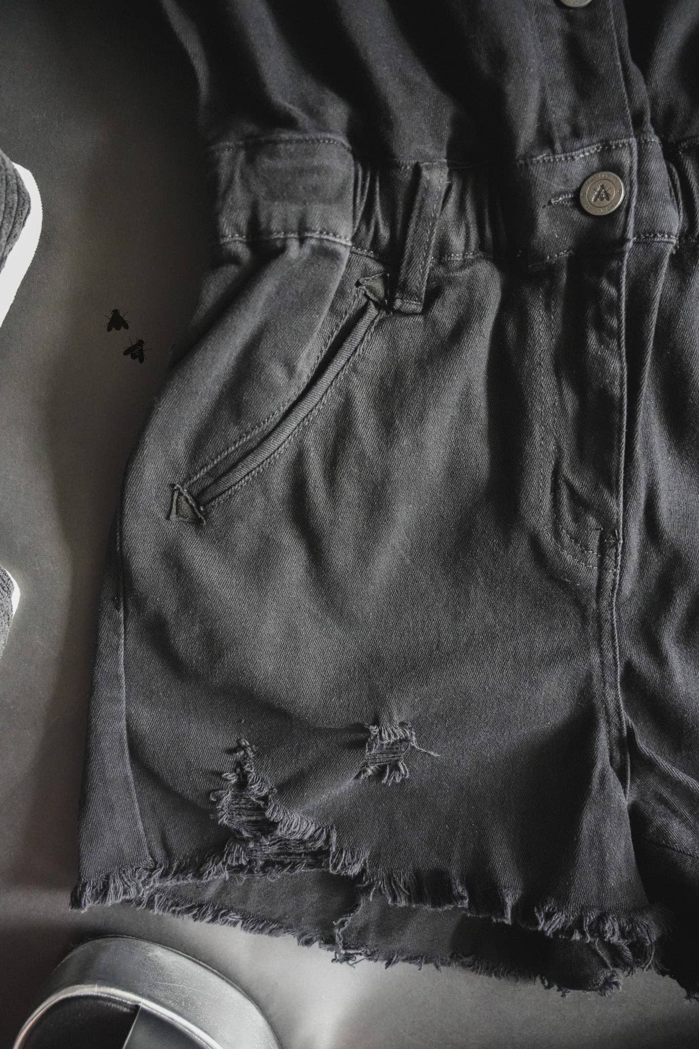 Black Denim Reckless Romper in Midnight