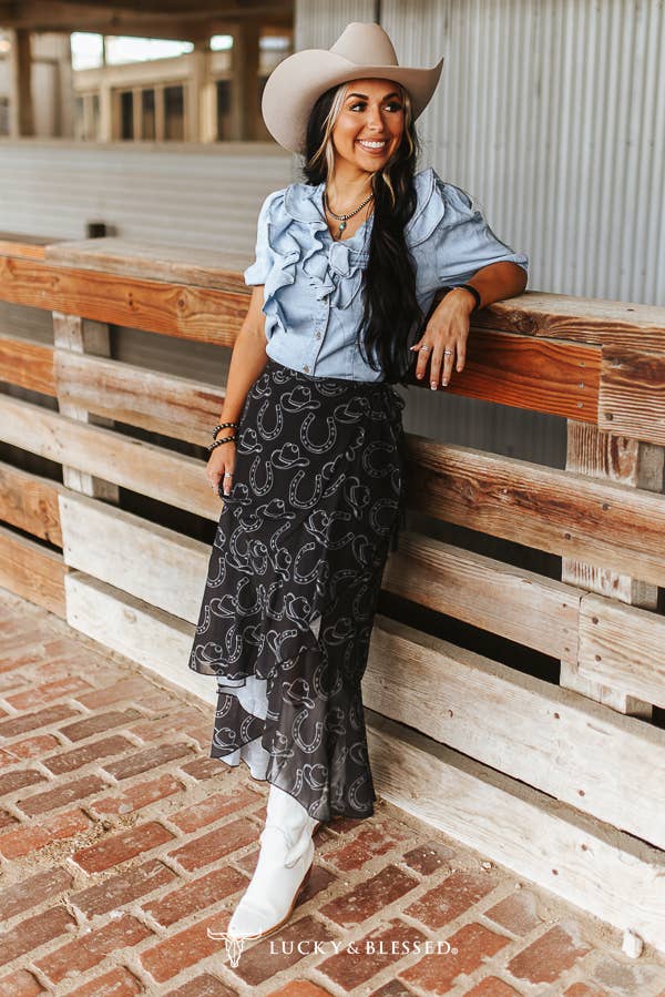 Light Wash Button Down Short Sleeve Light Denim Ruffle Top