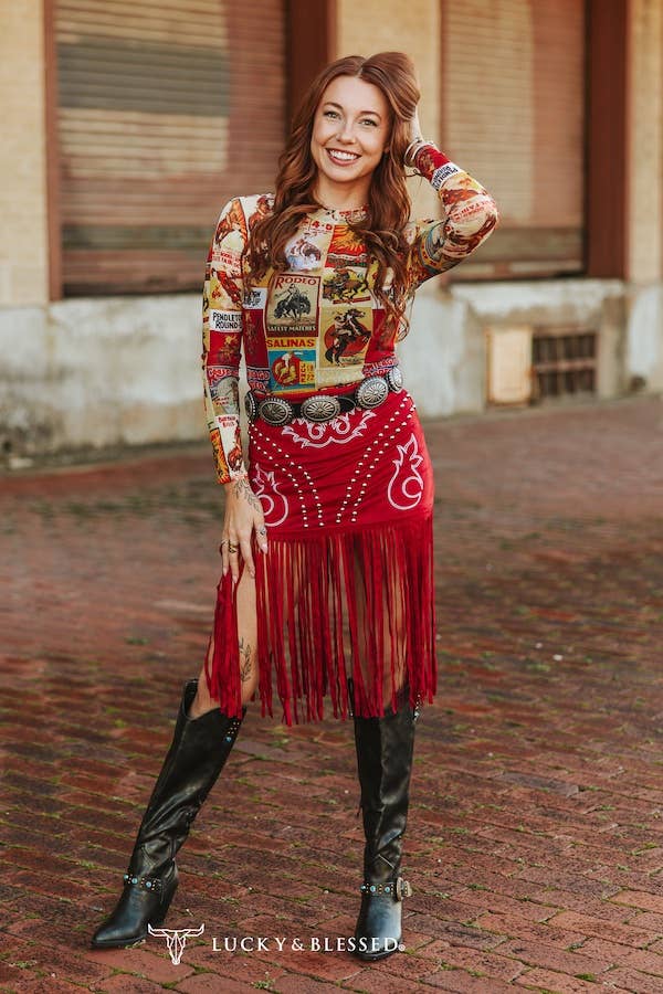 Red Stretch Suede Boot Stitch Embroidered Studded Skirt