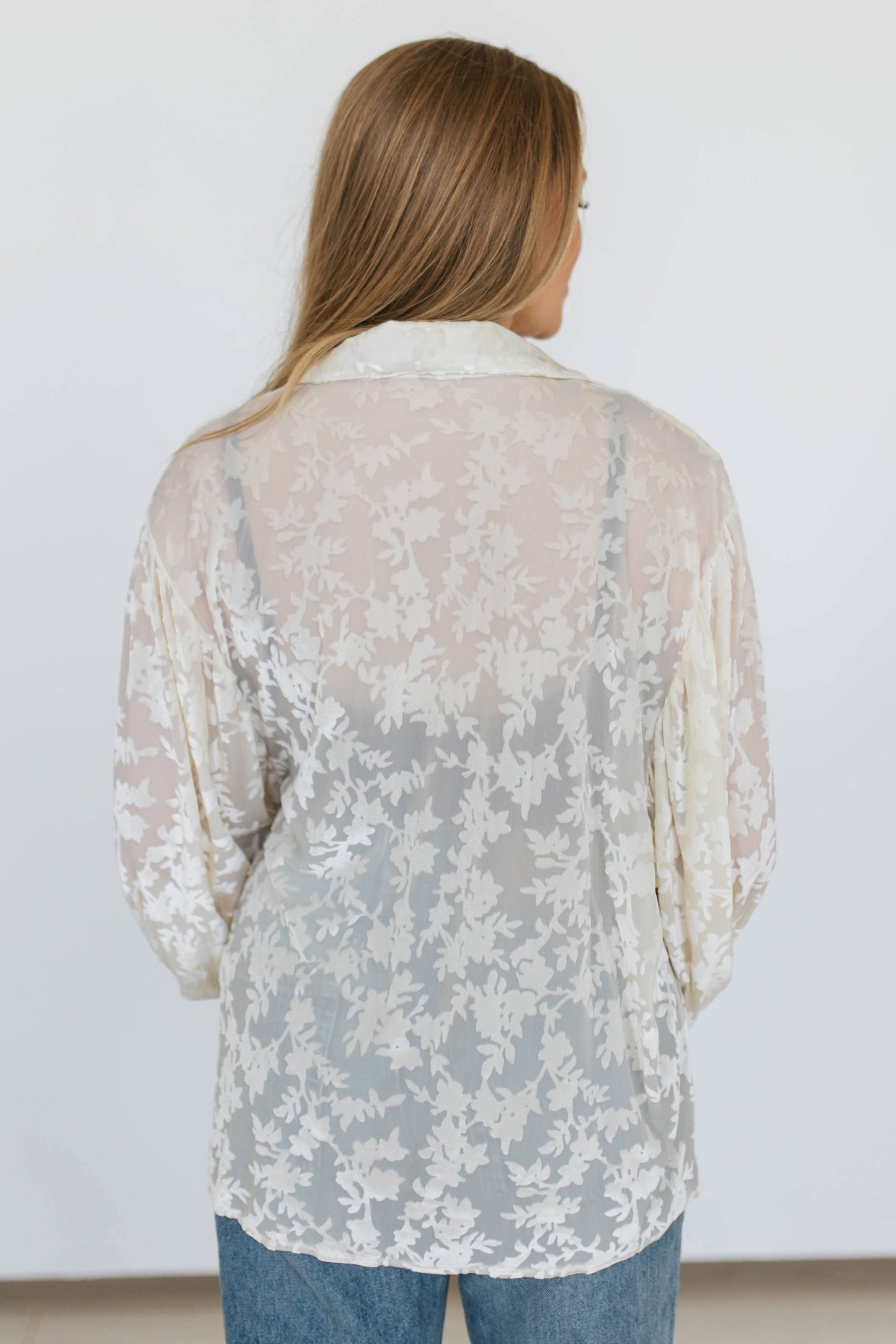 Ivory Burnout Velvet Mesh Balloon Sleeve Button Up Blouse