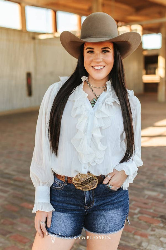 White Blouse With Sheer long Sleeve Ruffle Front
