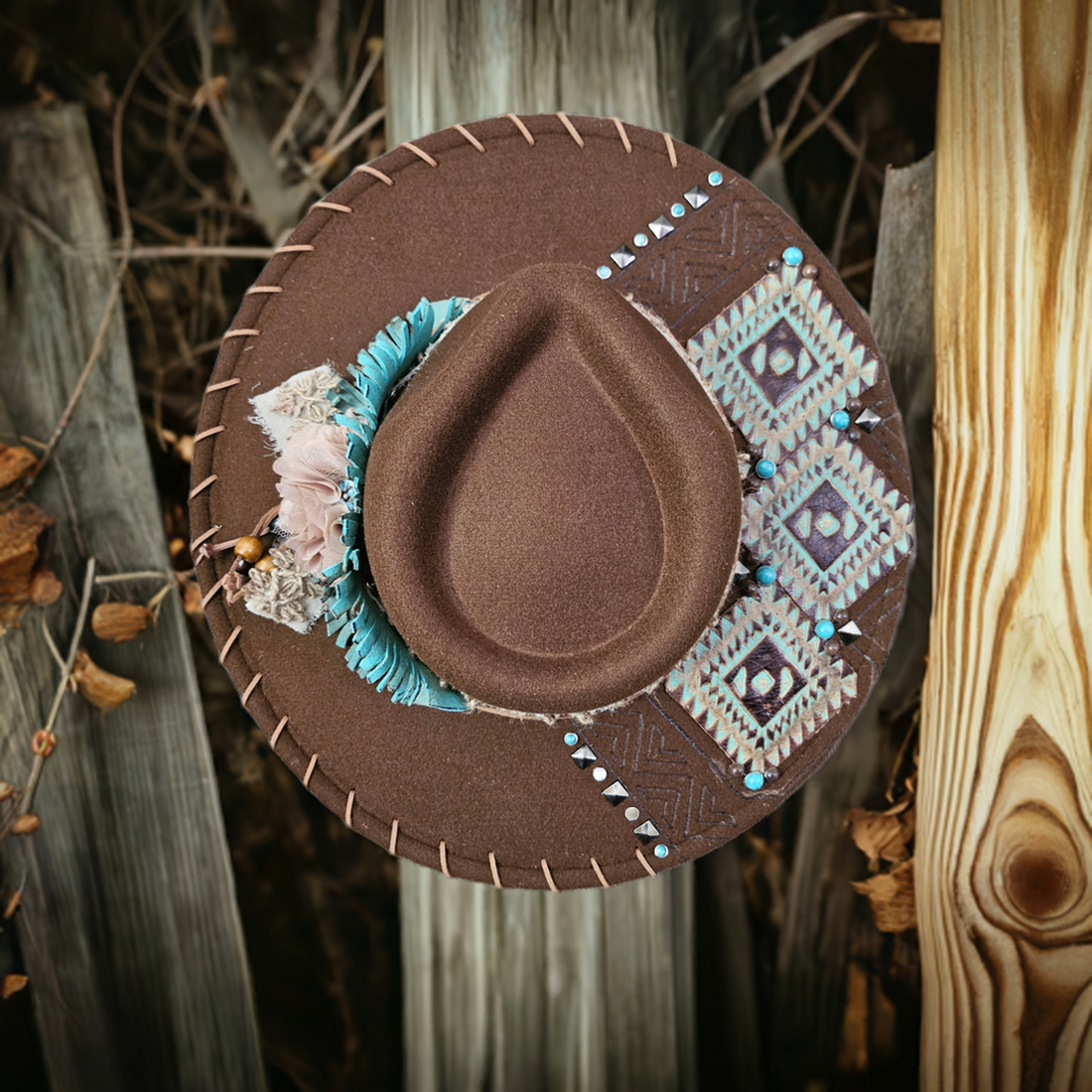 Fedora-Style Cowboy Hat Hat With Turquoise Aztec Leather & Whipstitch Brim