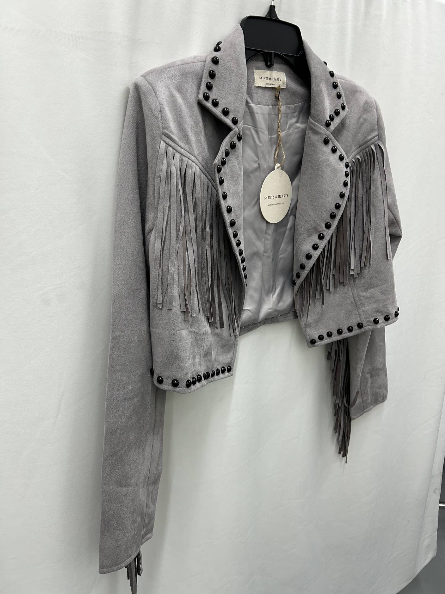 Grey Suede Fringe Studded Jacket
