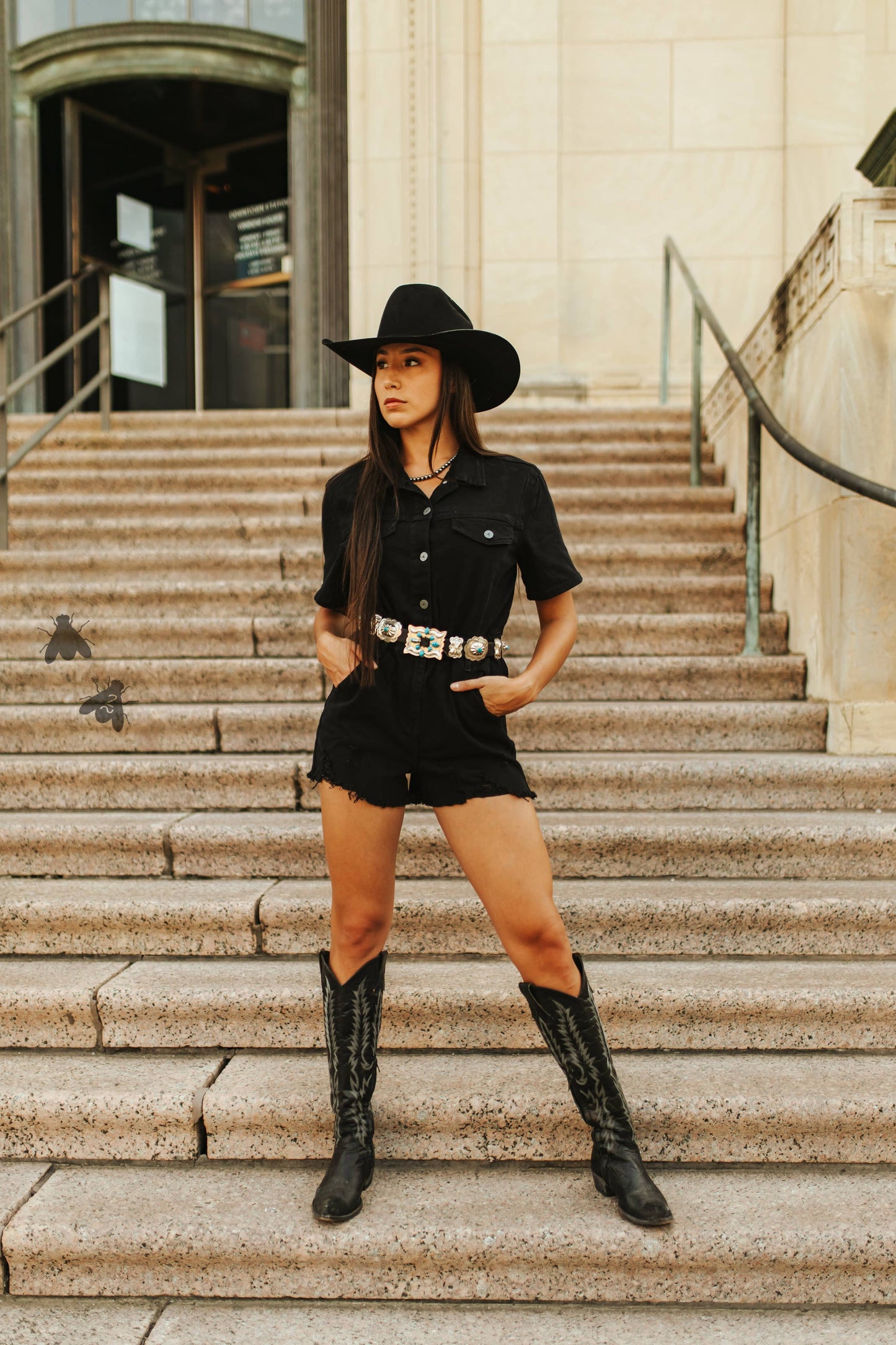 Black Denim Reckless Romper in Midnight
