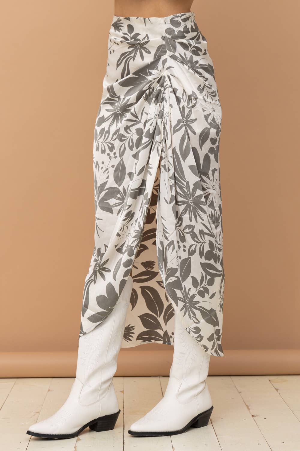 Grey and White Satin Drape Pleated Skirt