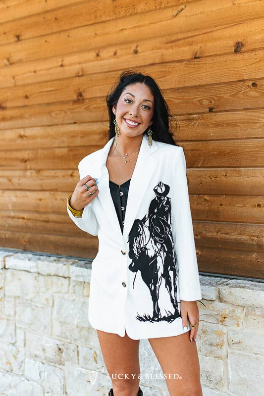 White Western Double Breasted Blazer With Cowboy Print