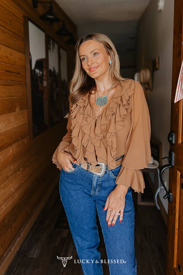 Brown Pleated Ruffle Vintage Style Western Top