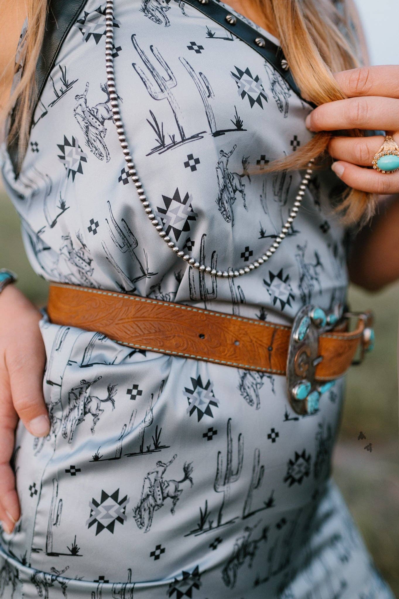 Western print slip dress with leather trim