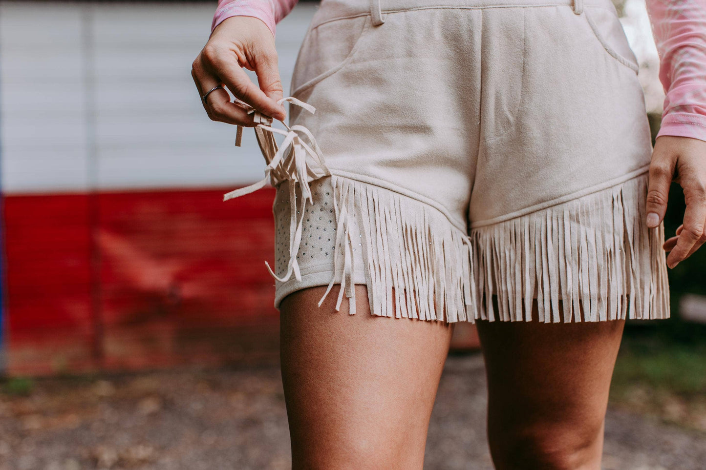 Western Suede Fringe Shorts with Sparkle Detail - Cream