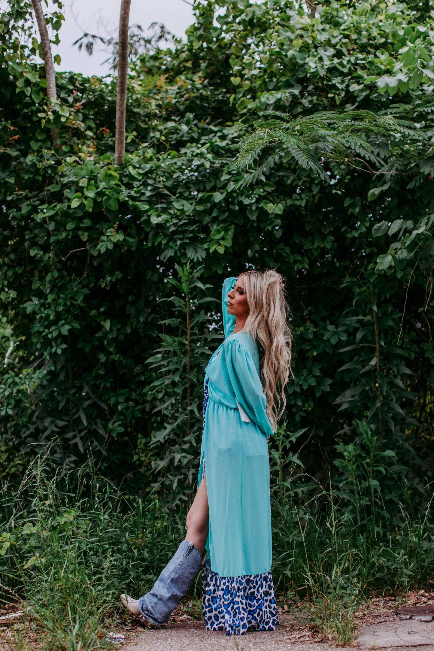 Western Turquoise Chiffon Duster with Leopard Print Ruffle Hem