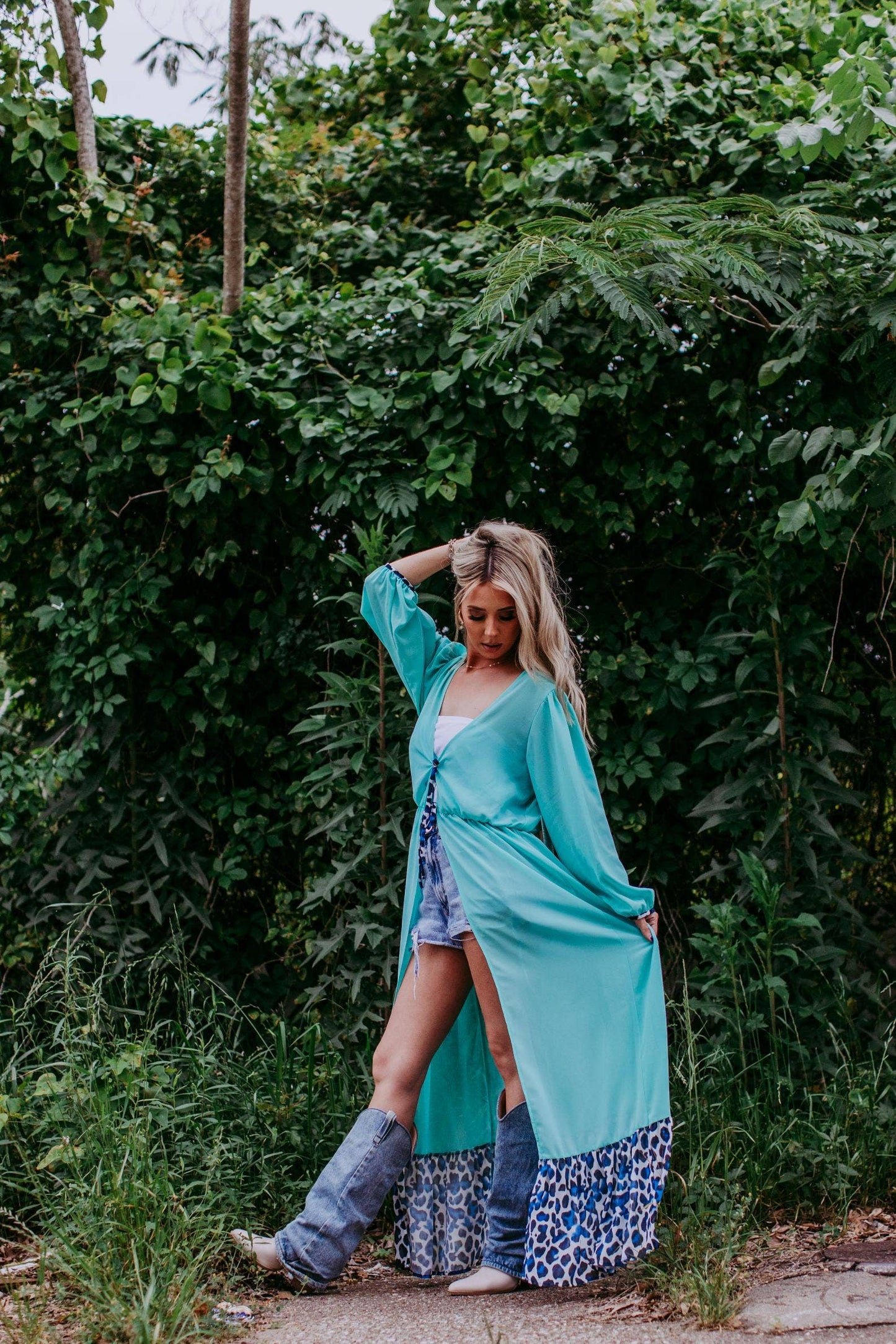Western Turquoise Chiffon Duster with Leopard Print Ruffle Hem