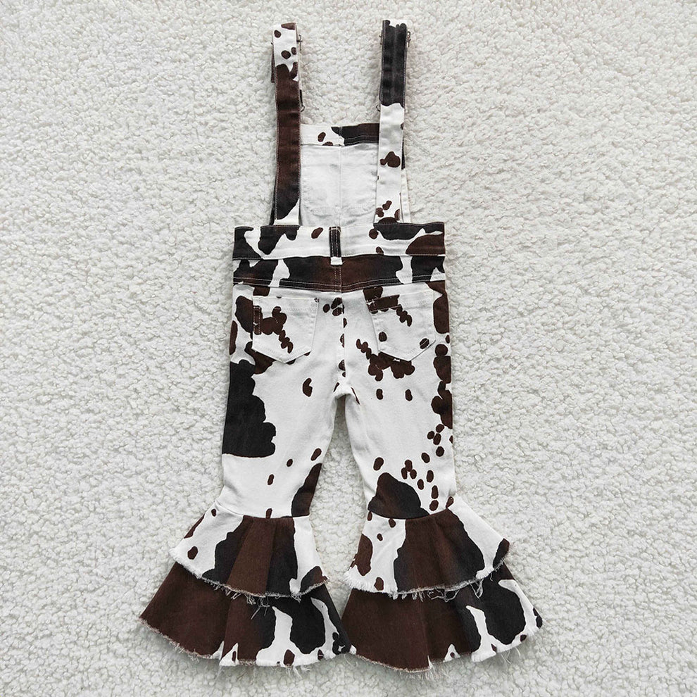 Girls brown Cow print flared ruffle Denim overalls