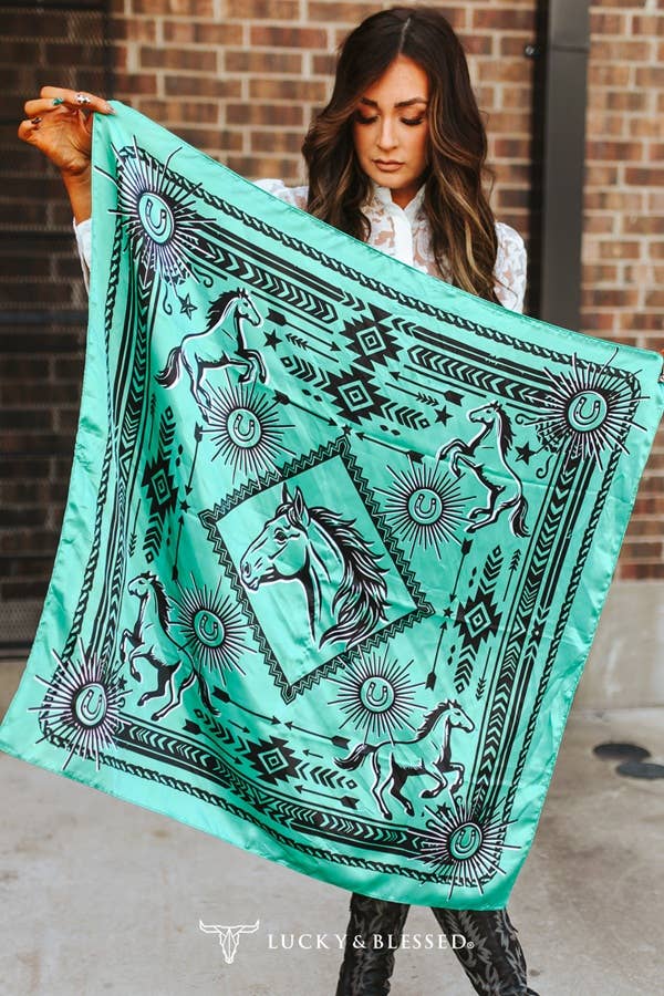 Mint Green Aztec Arrow And Horse Printed Wild Rag Scarf