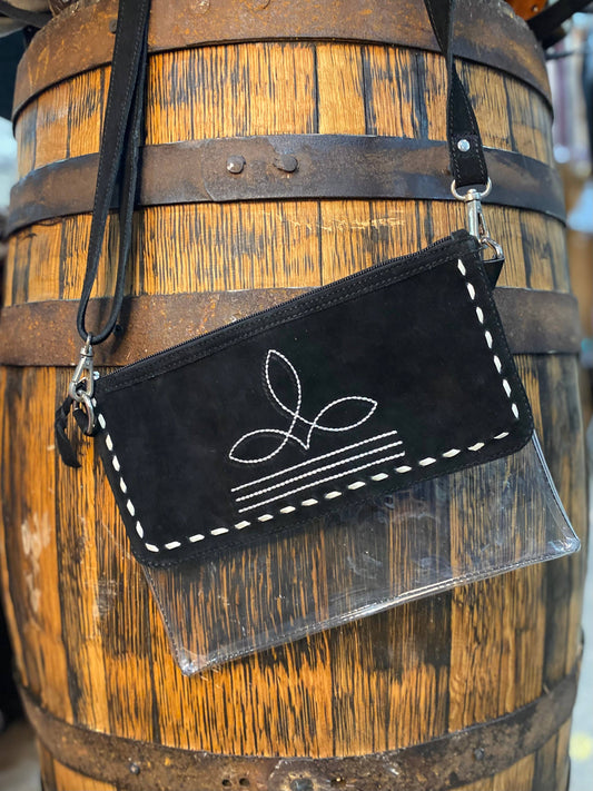 Clear Black Suede Leather Boot Stitch Crossbody Bag