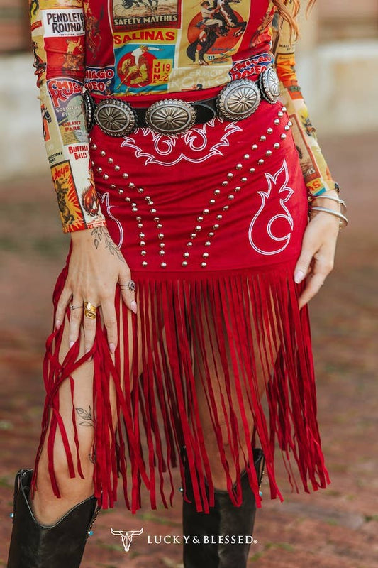 Red Stretch Suede Boot Stitch Embroidered Studded Skirt