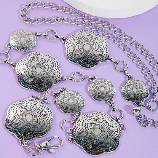Engraved Silver Concho Western Chain Belt