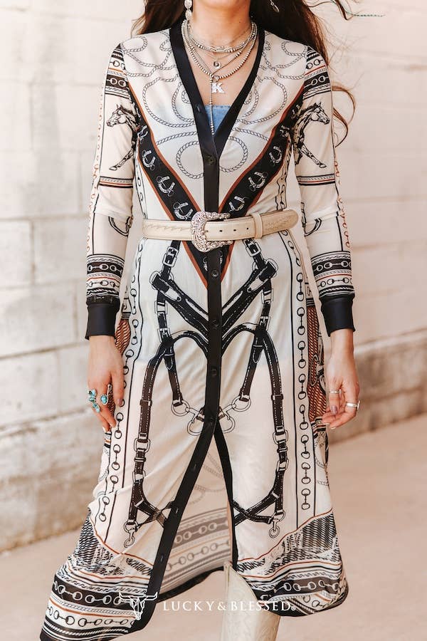 Ivory Cowboy Printed Mesh Button Down Maxi Duster Dress/Cardigan